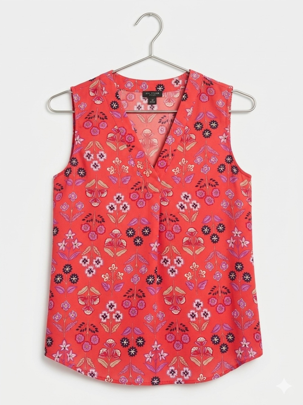 ANN TAYLOR Coral Red Pink Sleeveless Floral V-Neck Blouse